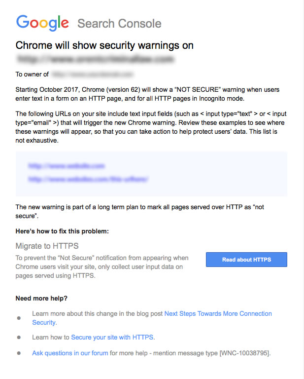 Google Search Console Warning Message