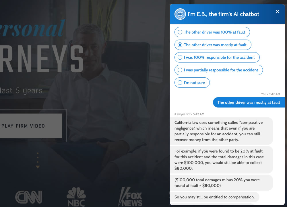 chatbot conversation on a personal injury lawyer website